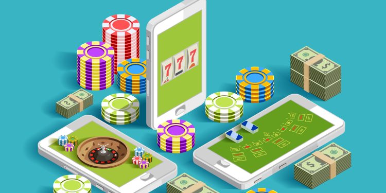 Casino isometric icons composition with chips bundles of banknotes and smartphone images with casino gaming apps vector illustration