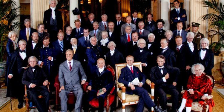 Wax figures of all 43 U.S. Presidents are gathered for a group portrait in the lobby of the famed “Residence of the Presidents,” the landmark Willard InterContinental Hotel in Washington D.C. in celebration of the first anniversary of The Presidents Gallery by  Madame Tussauds and the coming Presidents Day holiday.  Launched in February 2011, the $2 million-plus Presidents Gallery is the only place in the world where people can see and interact with all 43 U.S. Presidents. (Jim Sulley/newscast)