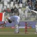 Pakistan's wicketkeeper Mohammad Rizwan (R) makes a successful leg before wicket (LBW) appeal against England's Ben Duckett (L) during the first day of the first cricket Test match between Pakistan and England at the Rawalpindi Cricket Stadium, in Rawalpindi on December 1, 2022. (Photo by Aamir QURESHI / AFP)